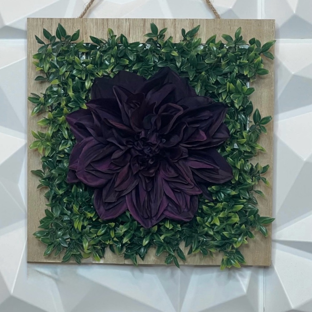 Floral Wall Art with Purple Dahila Flower and Green Leaves
